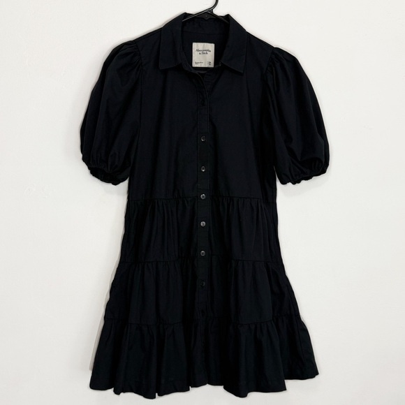 Abercrombie & Fitch Poplin Puff Sleeve Button Down Tiered Mini Dress Black XSP - Picture 2 of 7